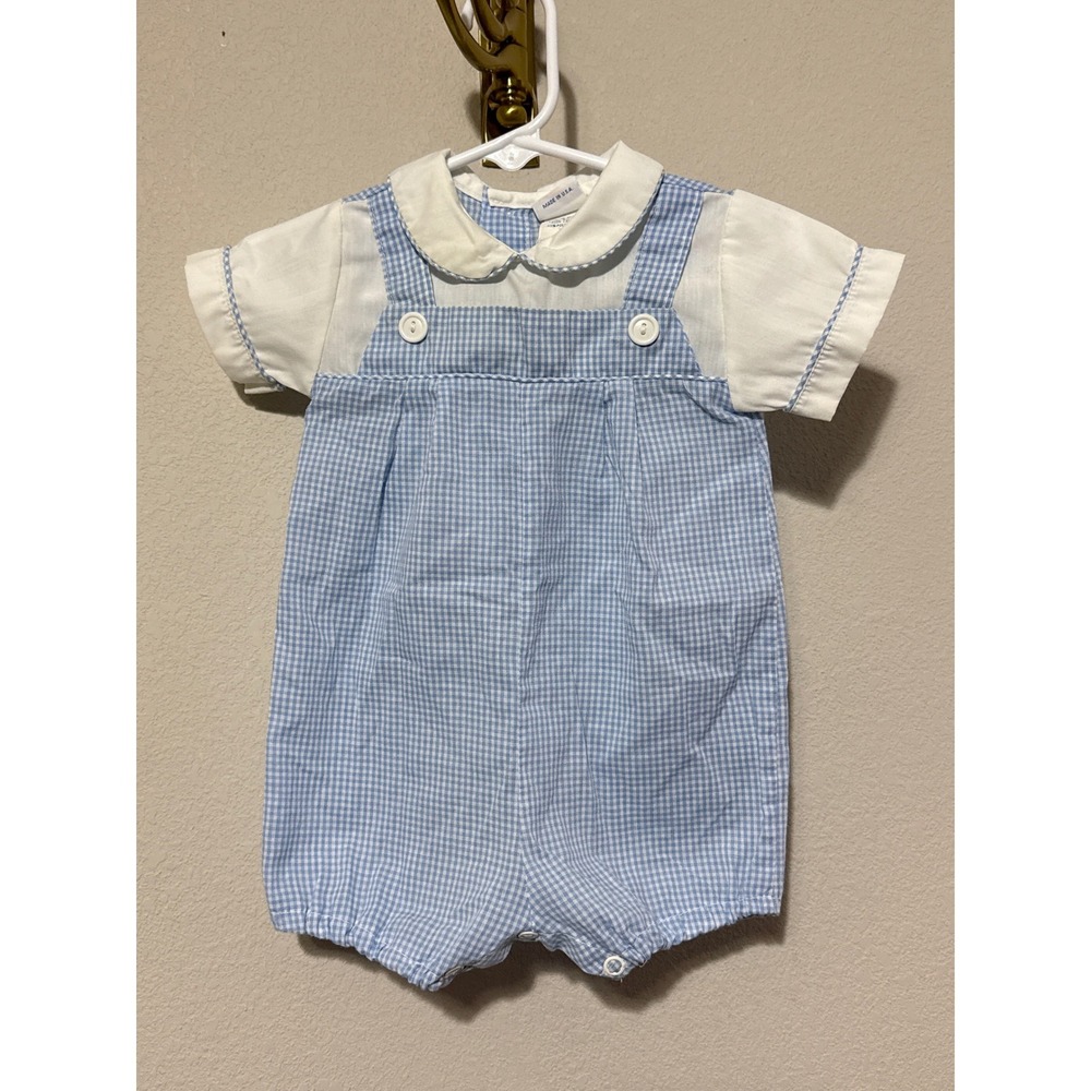 Alexis Gingham Romper Baby Boys 6 Months Blue White Vintage Peter Pan Collar